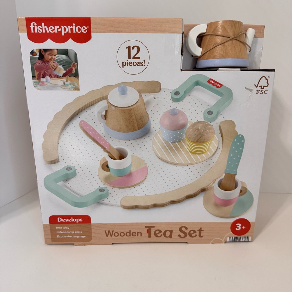 Fisher-Price Wooden Tea Party Set 12 Pc FSC Pretend Play Preschool Toy NIB HXT82